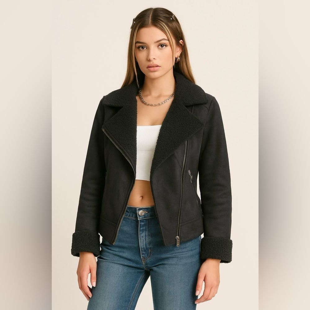 Faux Shearling Teddy Moto Jacket Black Zip Up Biker Style Women’s Sz 6 Cotton On